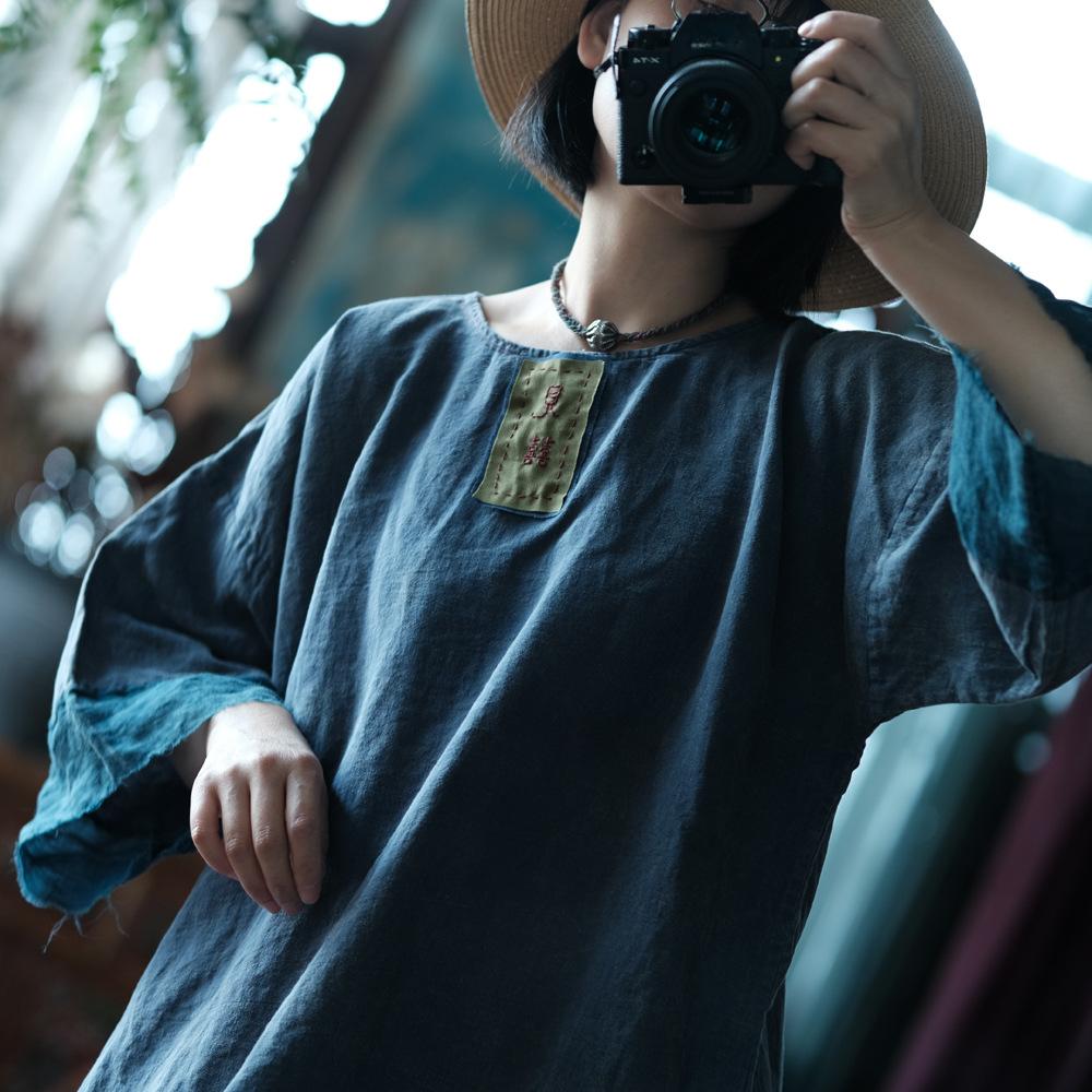 Johnature Women Vintage Blue T-Shirts Patchwork Embroidery Spring Long Sleeve O-Neck Loose T-Shirts