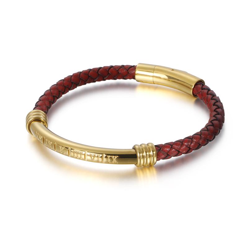 KALEN Gold Black Stainless Steel Roman Numerals Braided Genuine Cowhide Leather Mans Stainless Steel Bracelet Bangle 23cm