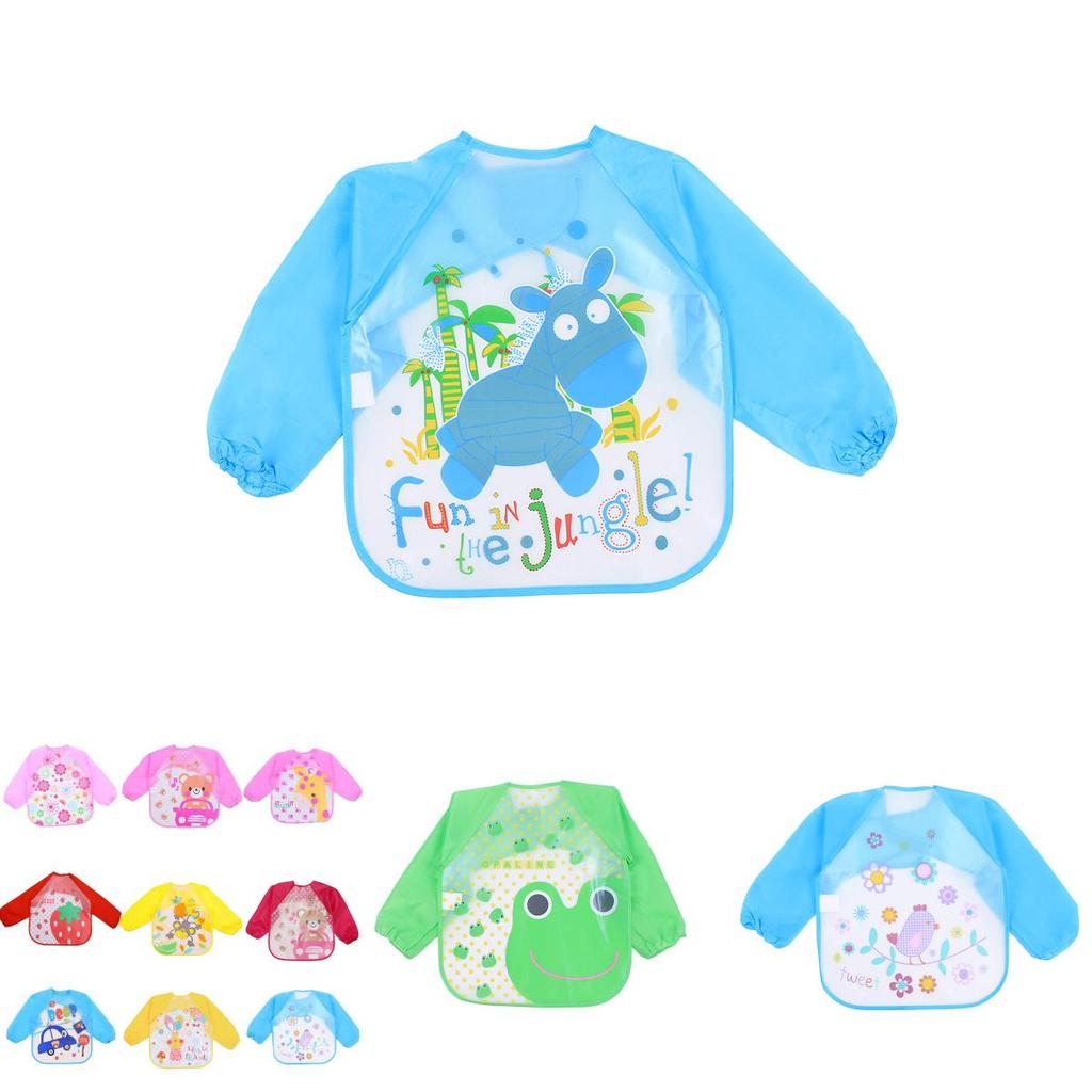 Cute Waterproof Cartoon Baby Feeding Apron With Long Sleeves For Toddler Weaning