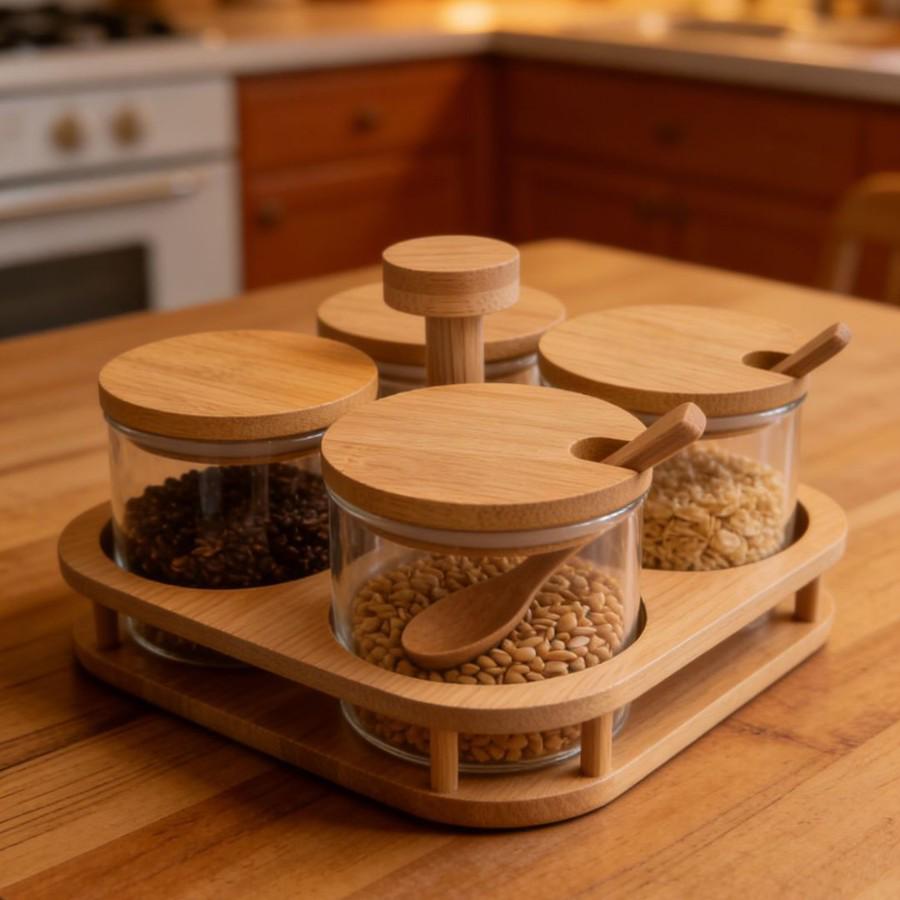 Borosilicate Glass Seasoning Jars with Bamboo Lids - Kitchen Storage for Salt, Sugar & Spices.
