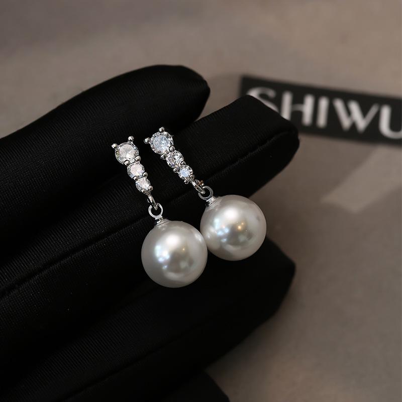 Korean Style Small Fragrance Zircon Pearl Silver Stud Earrings For Women