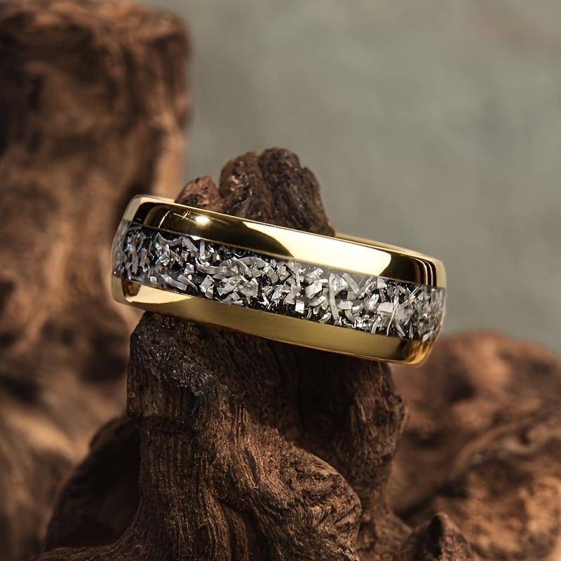 Módní 8mm Pánské Nerezové Prsteny Inlay Meteorit Abalonová Mušle Prsteny Pro Muže Ženy Svatba Zásnubní Kapela Šperky Dárek