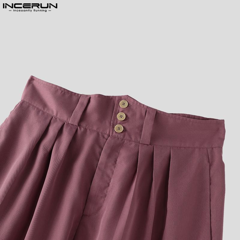 INCERUN Men High Waist Zip-up Solid Color Casual Long Palazzo Pants