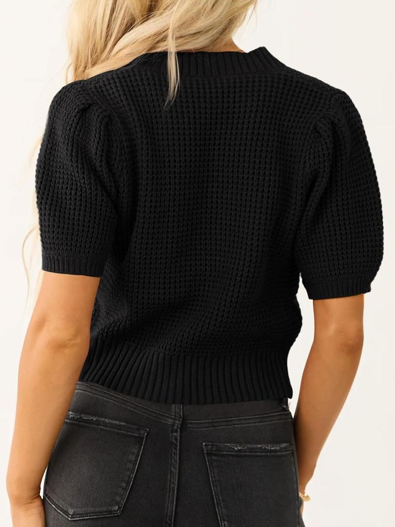 Womens Waffle Knit Sweater Top V Neck Puff Short Sleeve Cropped Spring Summer Blouse