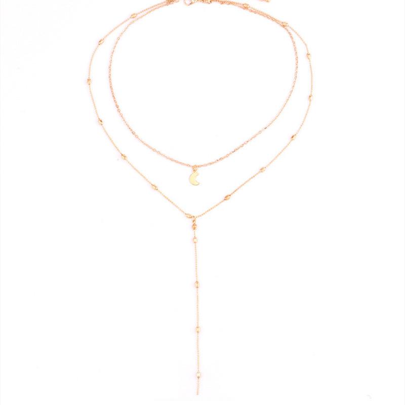 Stylish Retro Women's Collarbone Chain Jewelry, Double Bead Chain Fringed Moon Pendant Necklace
