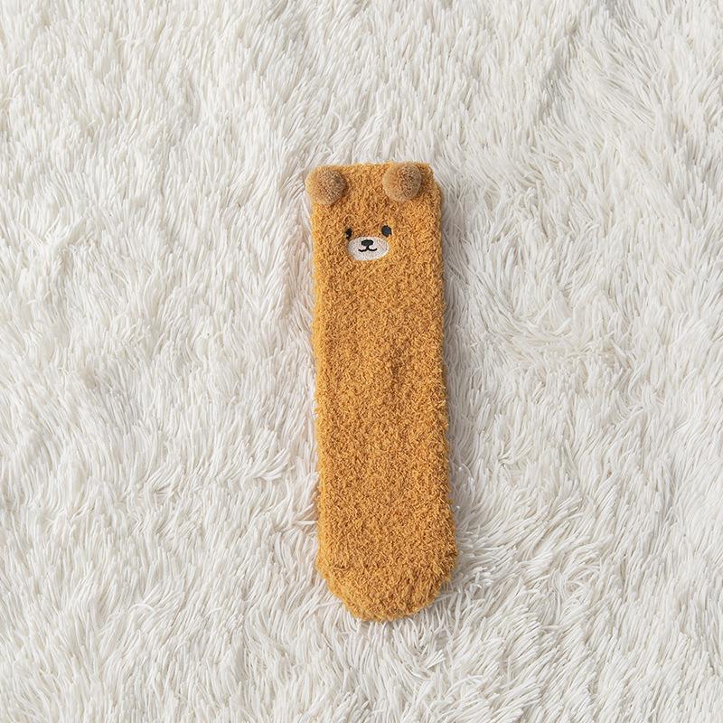 Cozy Coral Fleece Bear-Embroidered Winter Sleep Socks - Thick, Warm, Versatile, and Cute Floor Socks One Size