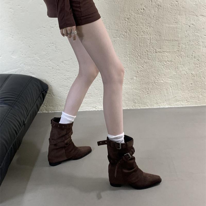 Autumn Winter Belt Buckle Women Western Ankle Boots Elegant Pointed Toe Thick Heel Shoes Female Vintage Knight Short Booties