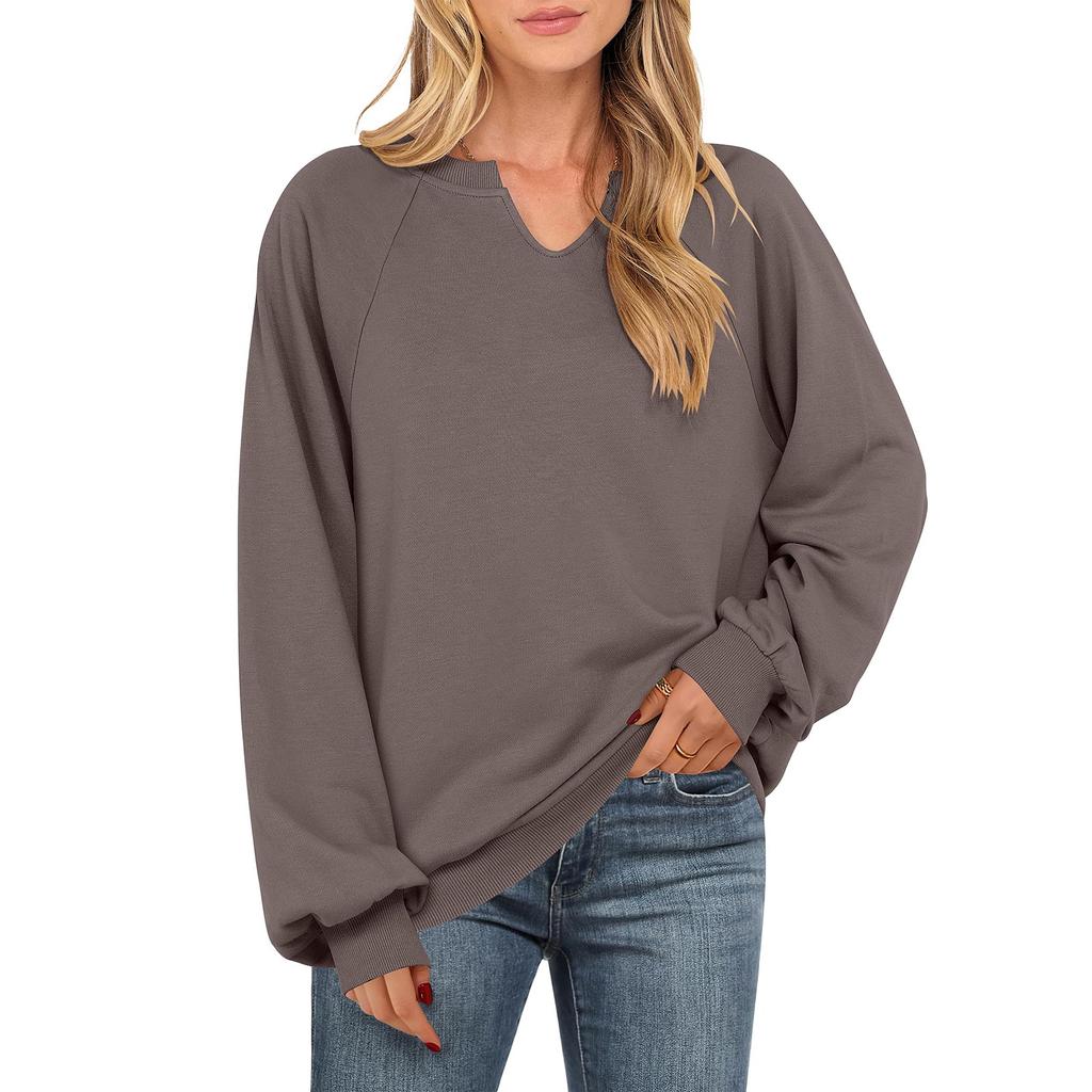 Women's Fashionable Casual Solid Color V-neck Long Sleeved T-Shirt Top Solid Color Sweatshirt