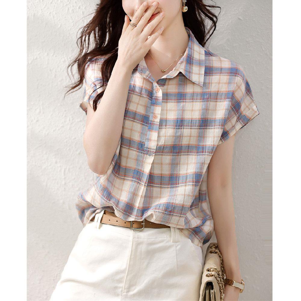 

Освежающая рубашка в клетку с короткими рукавами для женщин. Летняя новая классическая универсальная рубашка с воротником-поло и тремя пуговицами для женщин. 2XL