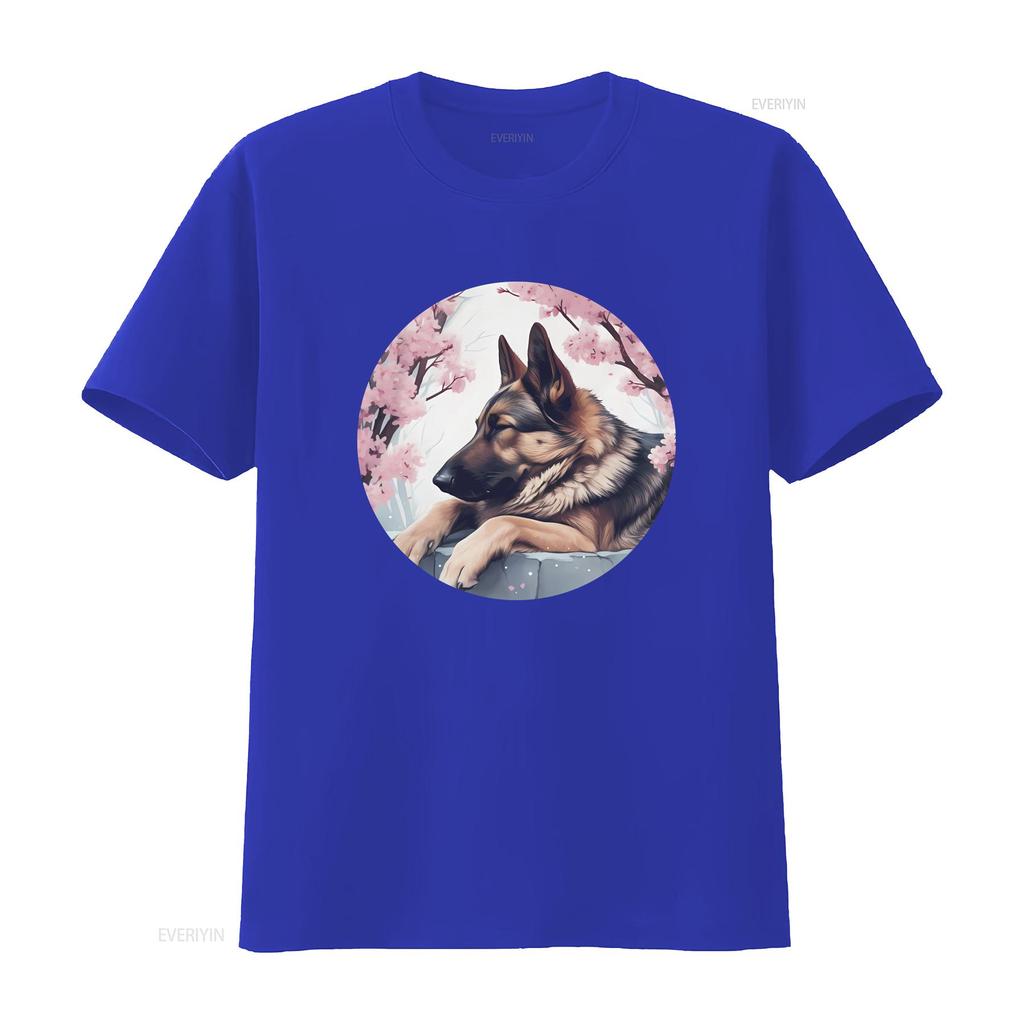 German Shepherd Dog Cherry Blossom T Shirt Perfect GSD Japan for Lovers Vintage Washed Casual Designer Clothes Soft Homme