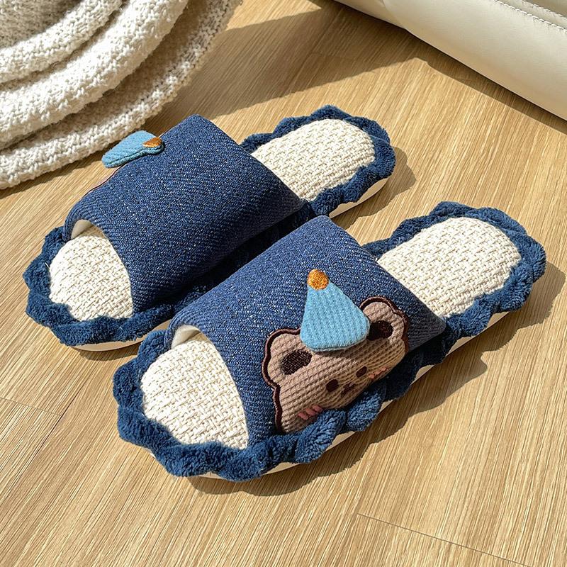 

Cute cartoon linen slippers women s four seasons home indoor couple wooden floor non-slip soft bottom cotton and linen slippers men 44-45 (suitable for 43-44 feet)