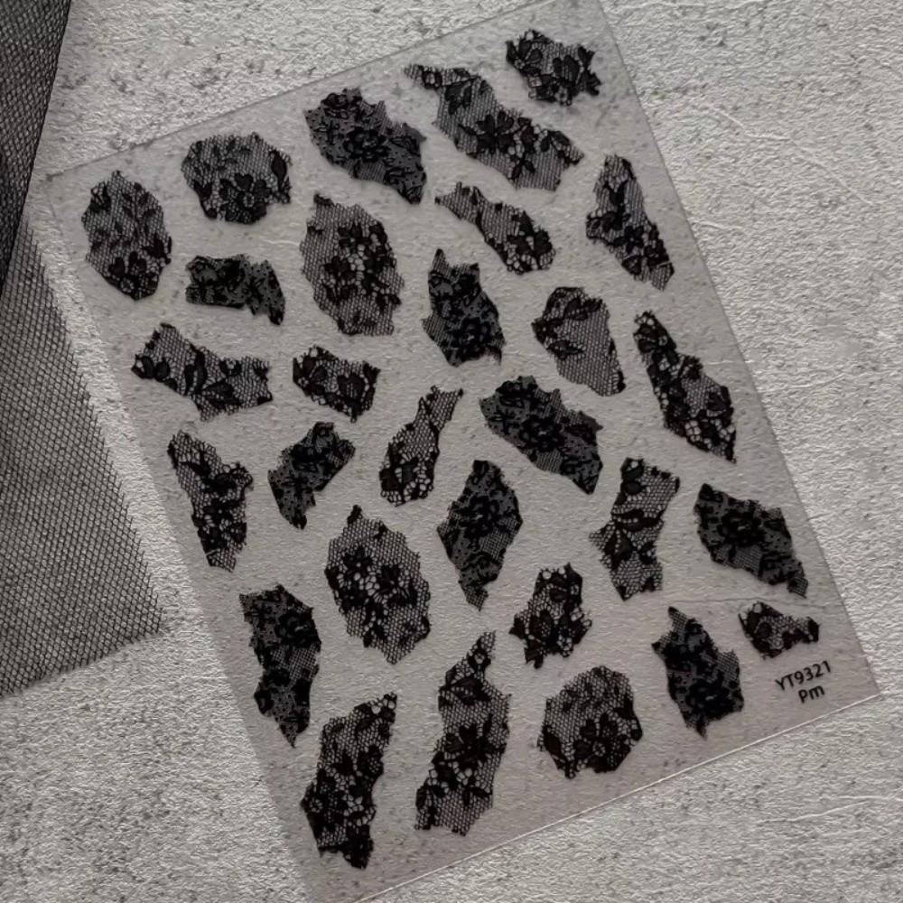 Leopard Print 5D Embossed Nail Stickers Hollow Black Lace Y2K DIY Nail Art For Women