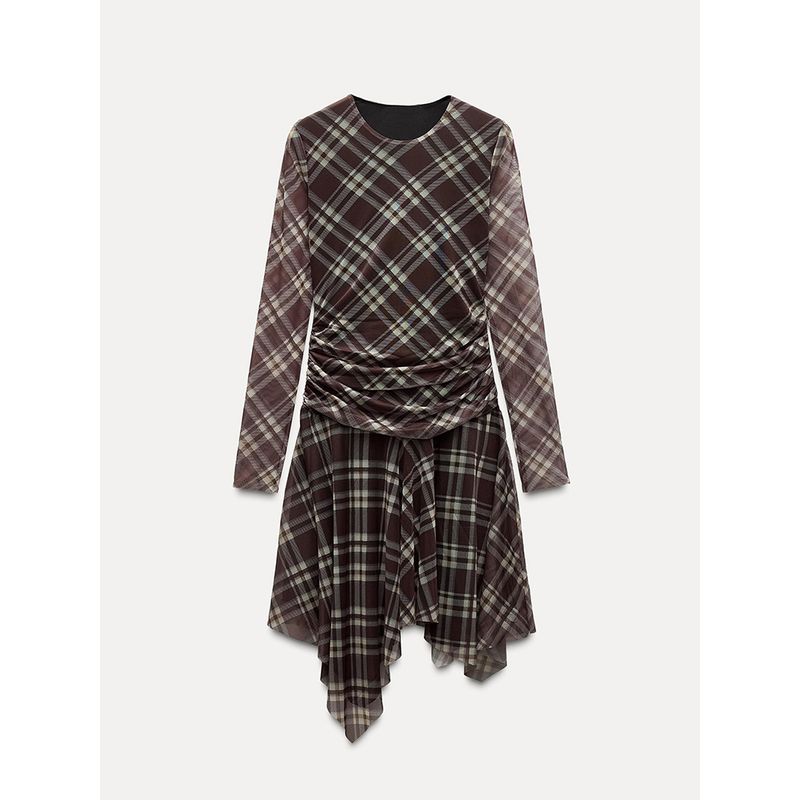 Za2025 Spring New Women's Clothing Fashion Gingham Ruched Silk Net Elegant Long-Sleeve round-Collar Dress 5039282