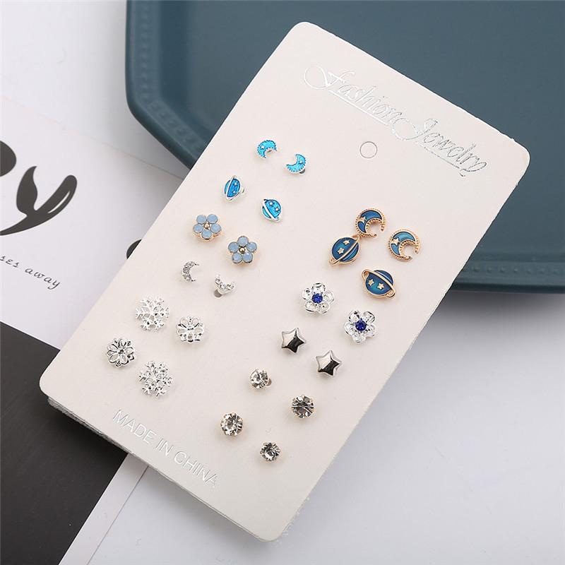 12 Pairs Small Planet Moon Star Stud Earrings Set For Women Simple Geometric Flower  Earrings  Party Jewelry
