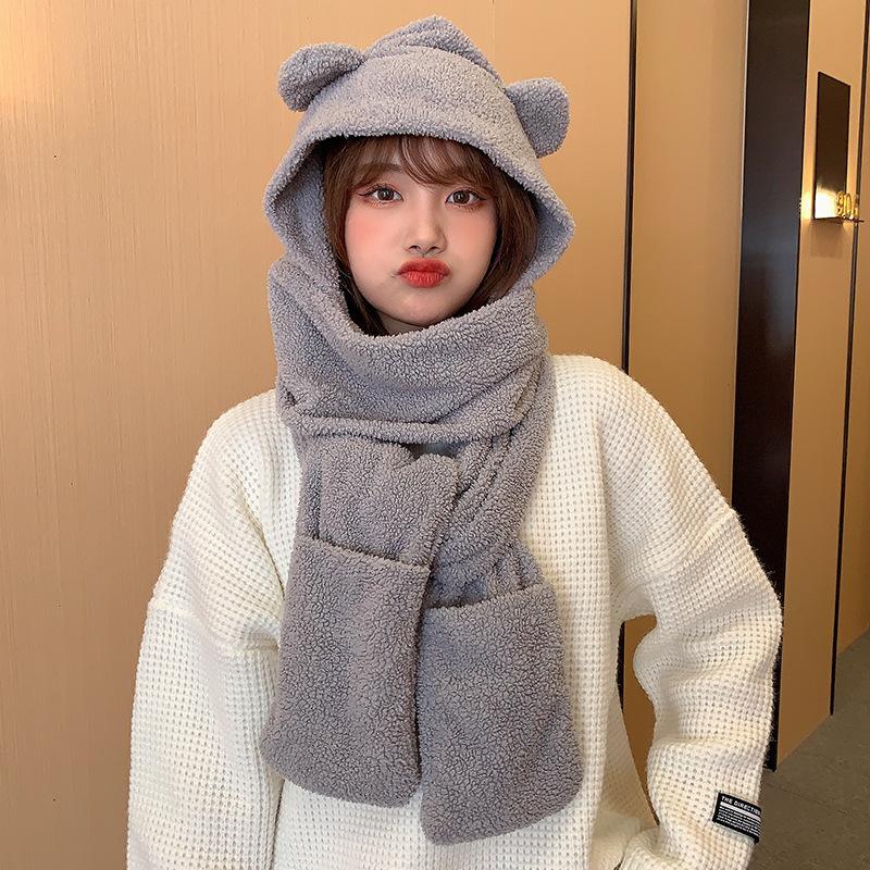 Bear hat women's winter scarf gloves three-piece cotton fleece integrated hooded cute thickened warm ear protector cotton hat