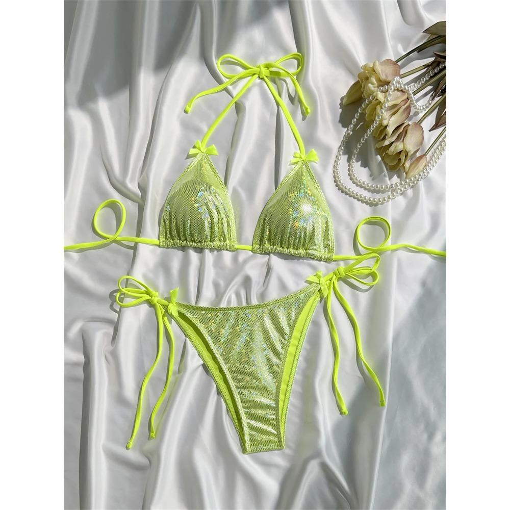 

Shiny Pink Bikini Extrem String Backless Swimsuit Push Up Kawaii Bowknot Vacation Swimwear Women Micro Tangas Beach Bathing Suit L зелений