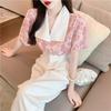 Design-sensual Niche Lapel Floral Chiffon Shirt Women Puff Sleeve French Top