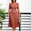Women Elegant Blazer Collar Half Sleeve High Waist Solid A Line Midi Dress