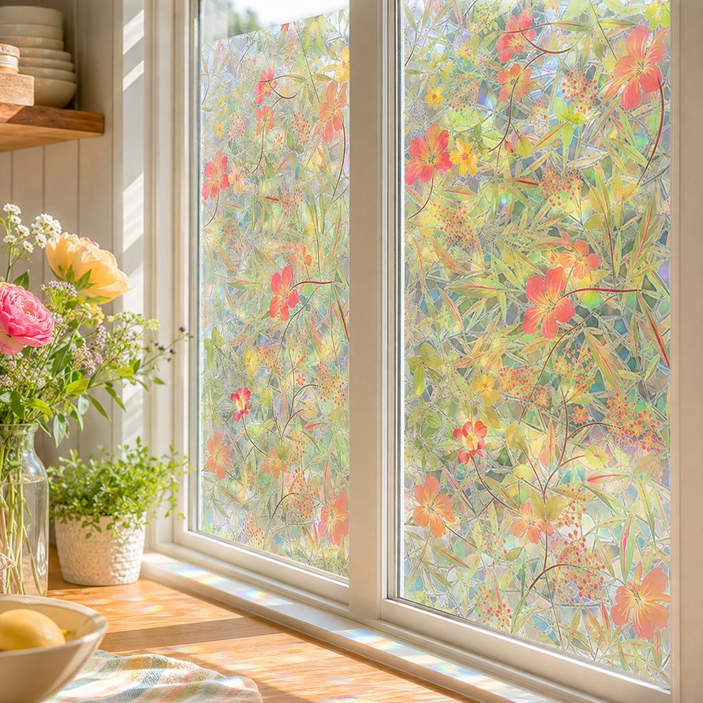 Colorful Floral Static Cling Window Film for Glass, Visible Both Sides, Wall Sticker Home Decor, 45*200 cm
