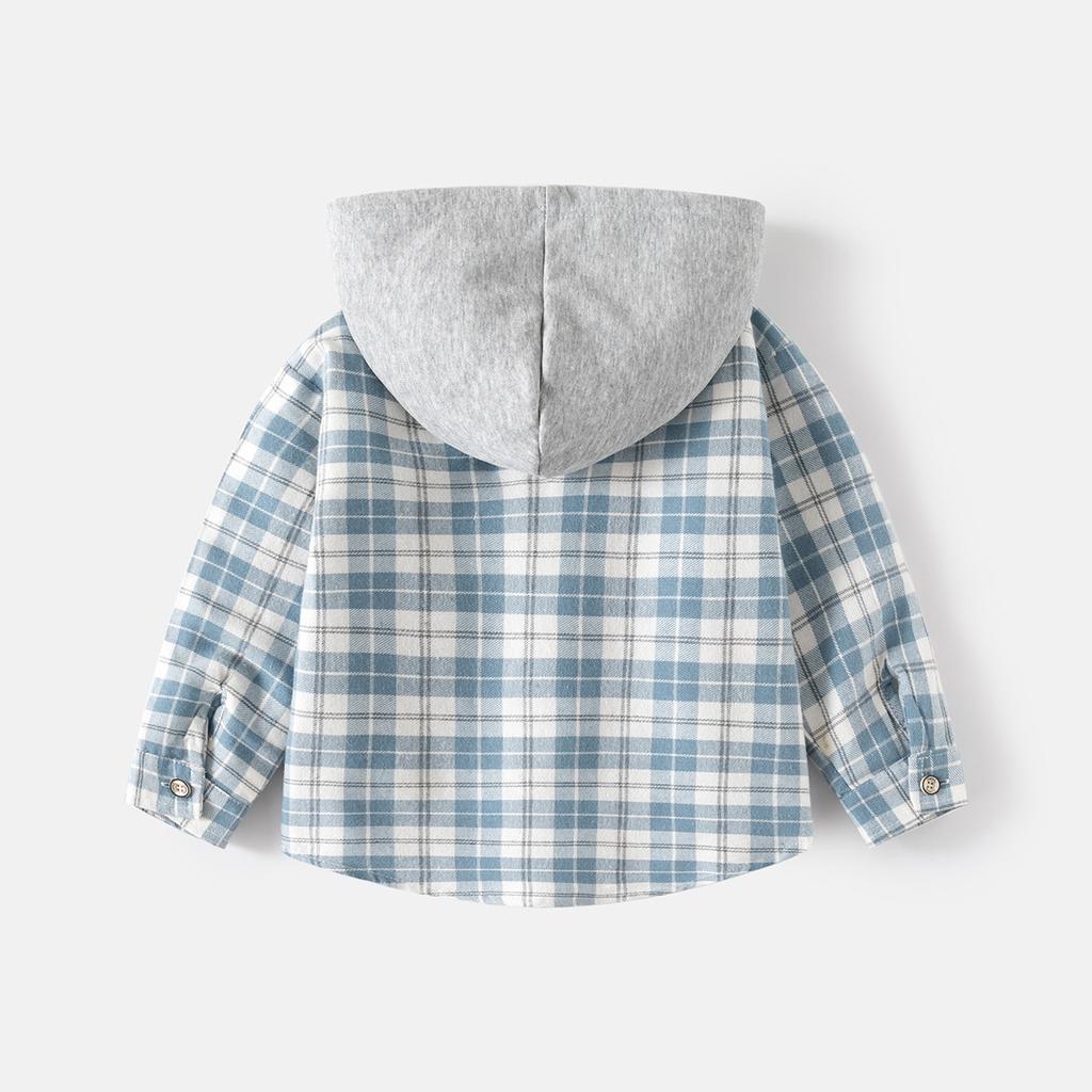 Boys Plaid Hooded Shirt Long Sleeve Button Down Casual Spring Autumn Top for Kids