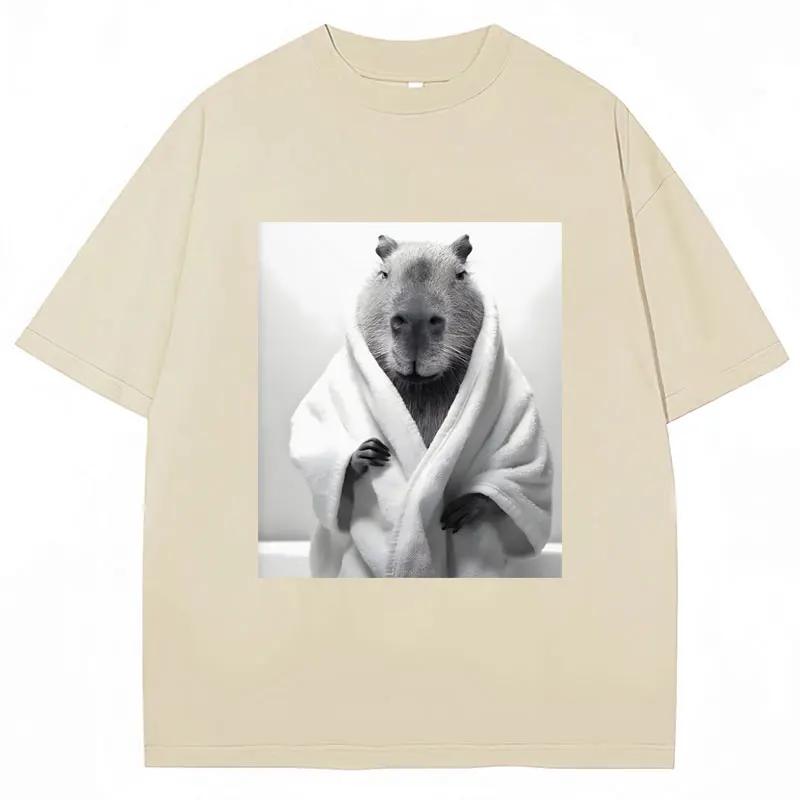 Funny Capybara in Bathrobe Print T Shirts Creativity Popular Unisex Summer Short Sleeve 100 Cotton Oversized Casual Tees Unisex