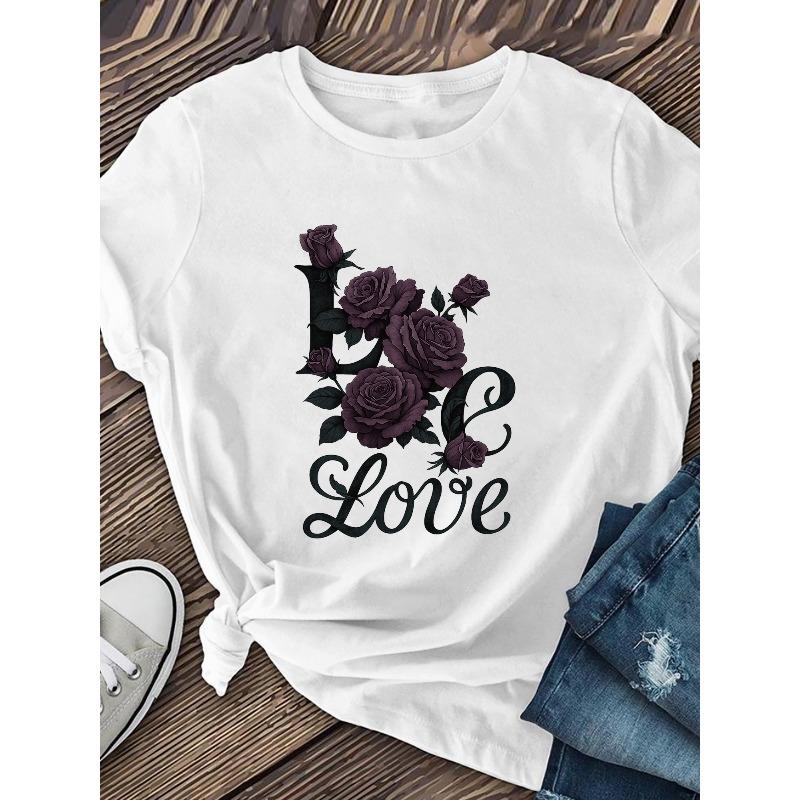 Womens Minimalist Love Letter Tee Oversized L Dark Floral Detailing Crew Neck Short Sleeve All Season Everyday Romance Casual Top