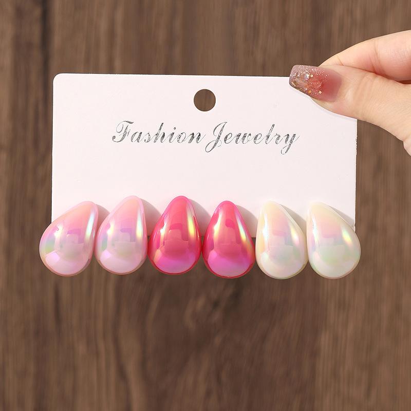 Popular pink water drop earrings set, European and American design stud earrings, 1 pair of versatile earrings.