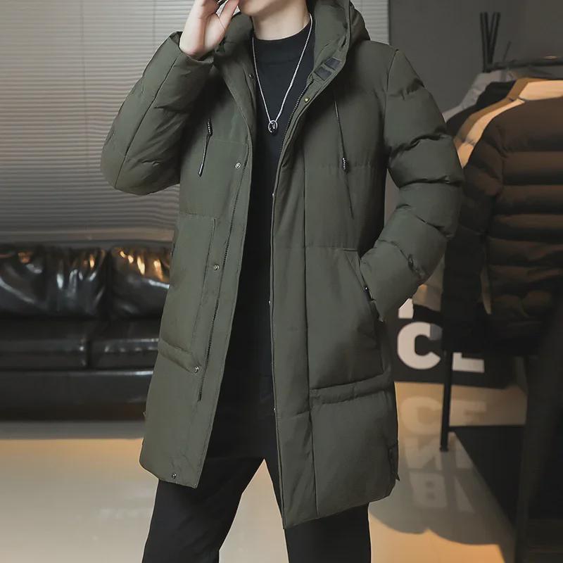 Men's Mid-Length Hooded Cotton-Padded Jacket - Solid Color Winter Coat