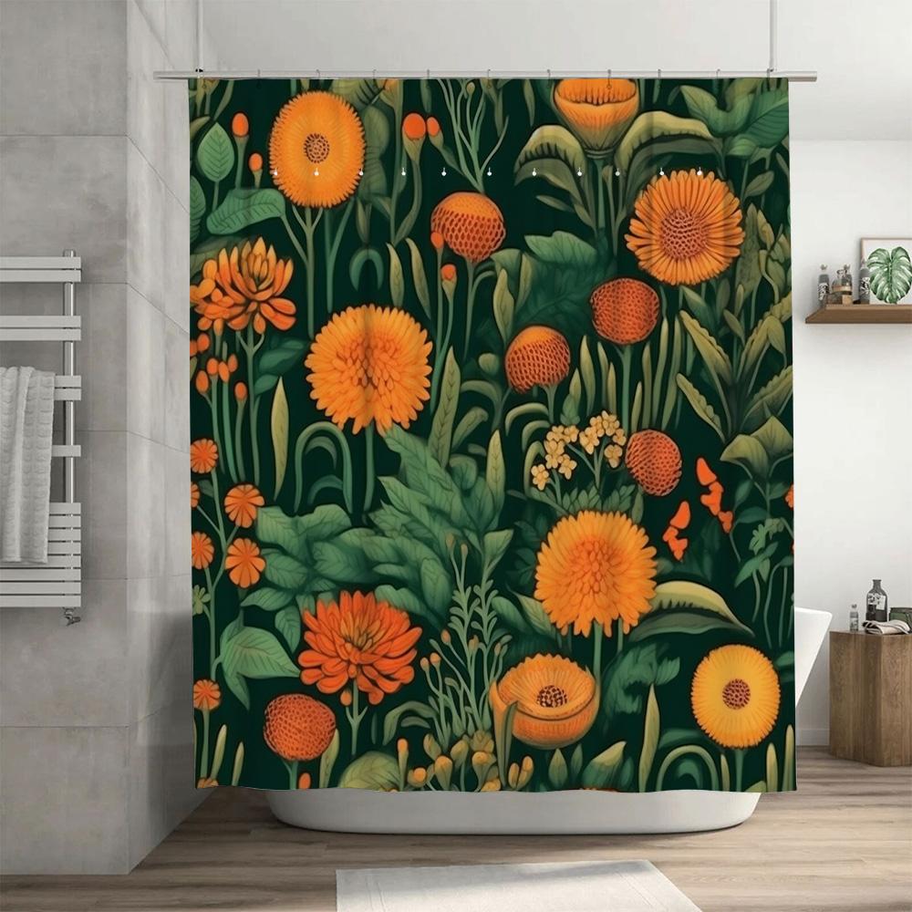 Vibrant Floral Shower Curtain Green Orange Modern Decor For Bathroom 3D Printed Water Repellent Fabric Customizable Size Availab