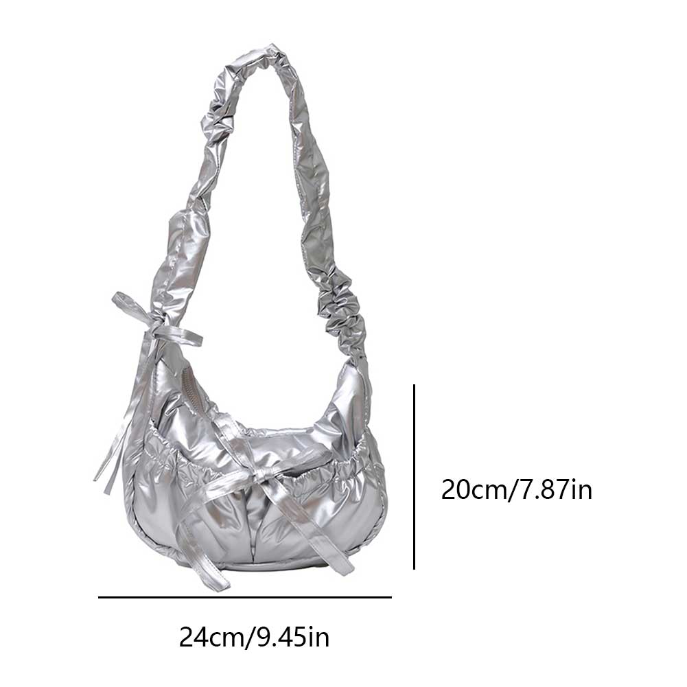 Women Casual Underarm Bag with Ruched Drawstring Strap Bow Leisure Satchel Bag Solid Color Cute Sling Bag Female Daily Handbag