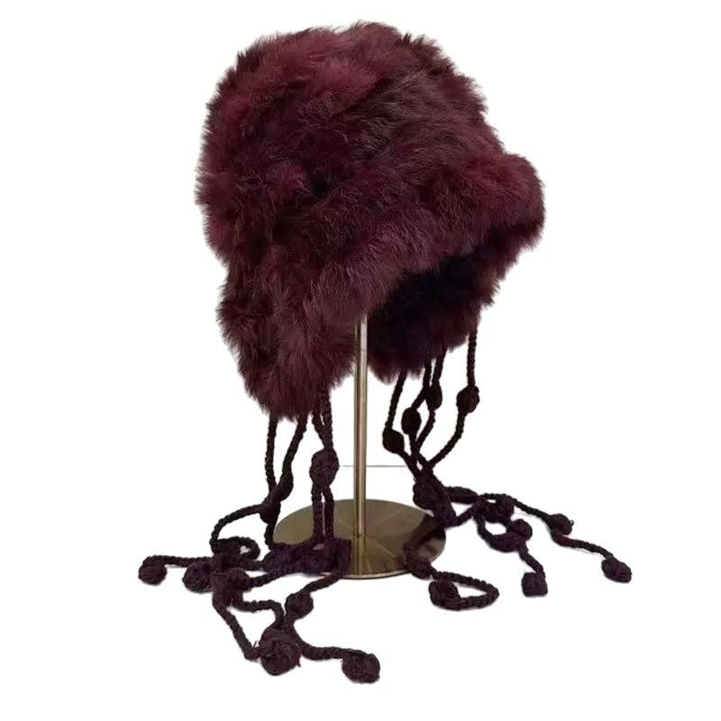 Damen Handgemachte Häkelmütze aus Kaninchenfell: Weiches, Warmes, Ohrenschützendes Plüsch für Herbst und Winter