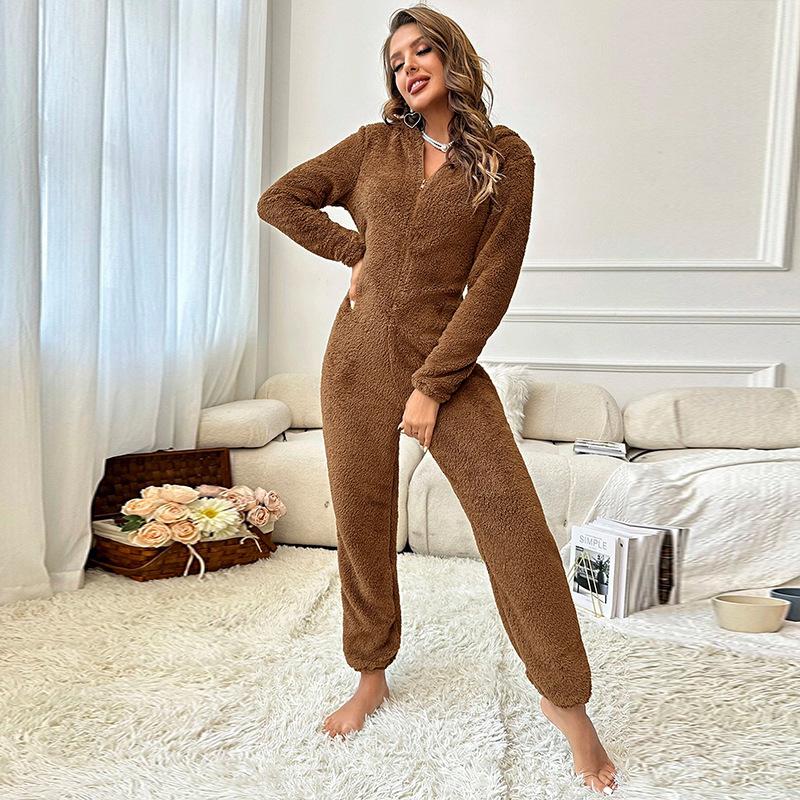 Autumn Winter thicken Velvet Women hooded Onesies casual solid Flannel Warm Woman Sleepwear Fashion Jumpsuit pajamas Home Cloth