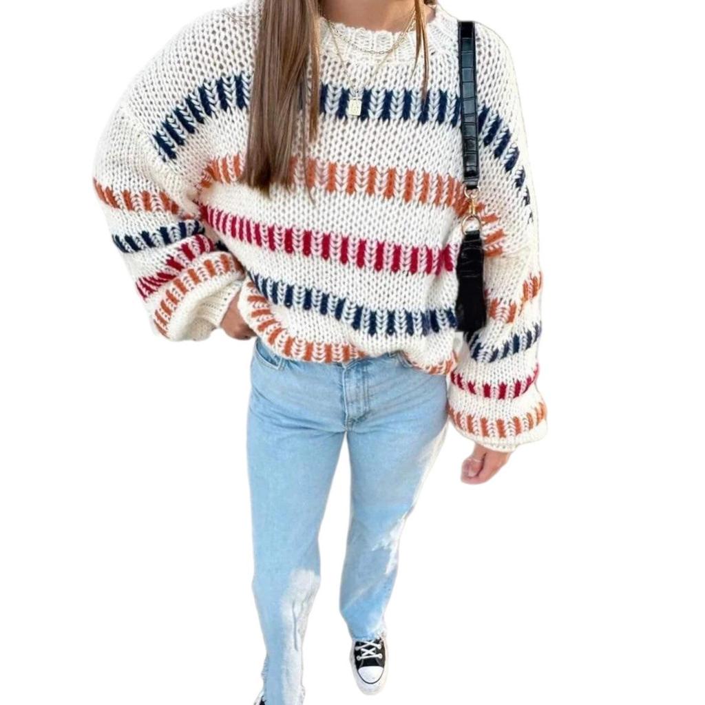2026 Spring/Autumn Off-White Striped Chunky Knit Sweater with Loose Sleeves - Women's Casual Round Neck Knitwear