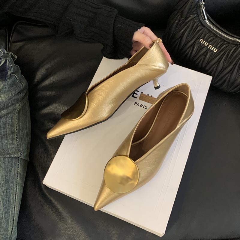 Fashion SUOJIALUN 2025 Autumn New Brand Women Pumps Shoes Fashion Gold Metal Shallow Slip On Single Shoes Thin Low Heel Dress Pumps