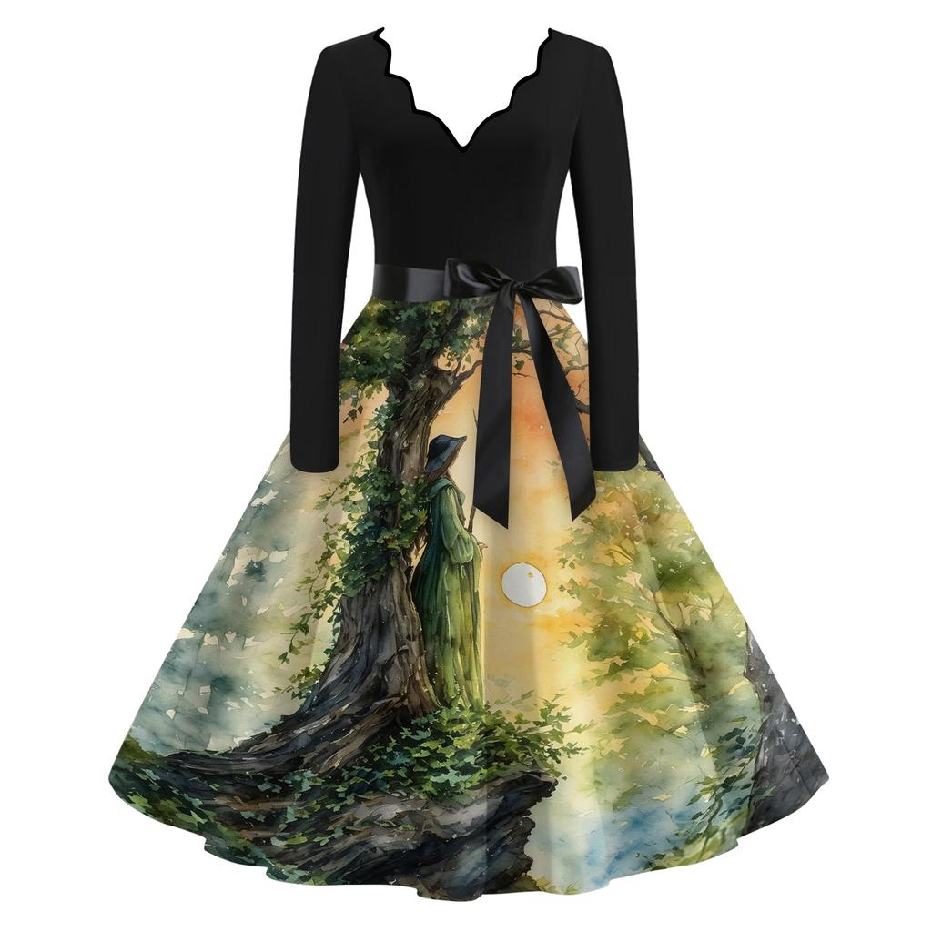 Women's Vintage Long Sleeve V-Neck Halloween Witch Print Party Dress