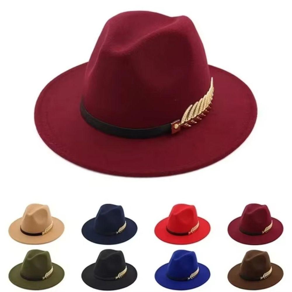 Leaf Decoration Fedora Hat Large Brimmed British Vintage Hats Woolen Hats  Autumn and Winter