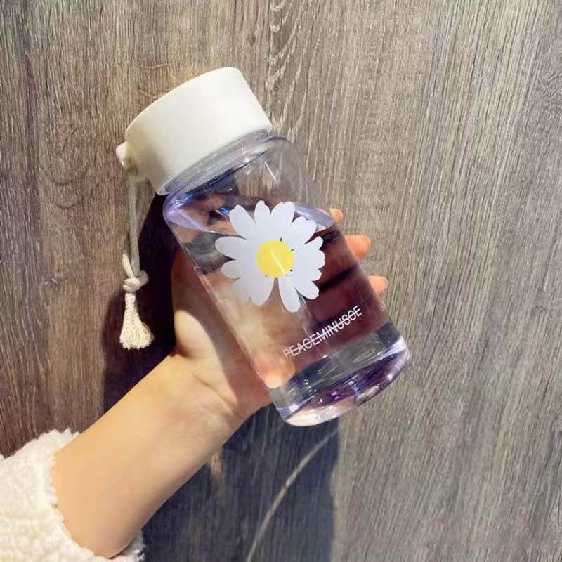 Daisy Pattern Plastic Tumbler with Non-Slip Lid, 401-500ml Shatterproof Water Bottle for School Gym Travel - Frosted/Transparent