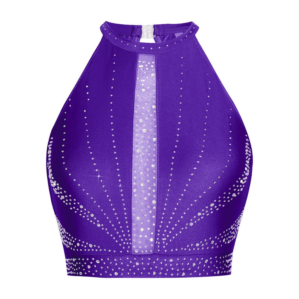 Top Cropped Lyrical Dance Feminino Brilhante com Strass Sem Mangas Costas Vazadas Regata Fantasia de Dança do Ventre