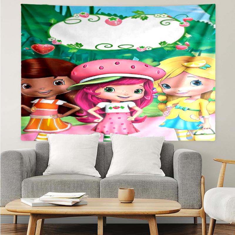 Strawberry-Shortcake Print Tapestry, Backdrop, Easy Setup, Ideal for Bedroom, Office & Living Room, with Aesthetic Wall Hanging Decor.