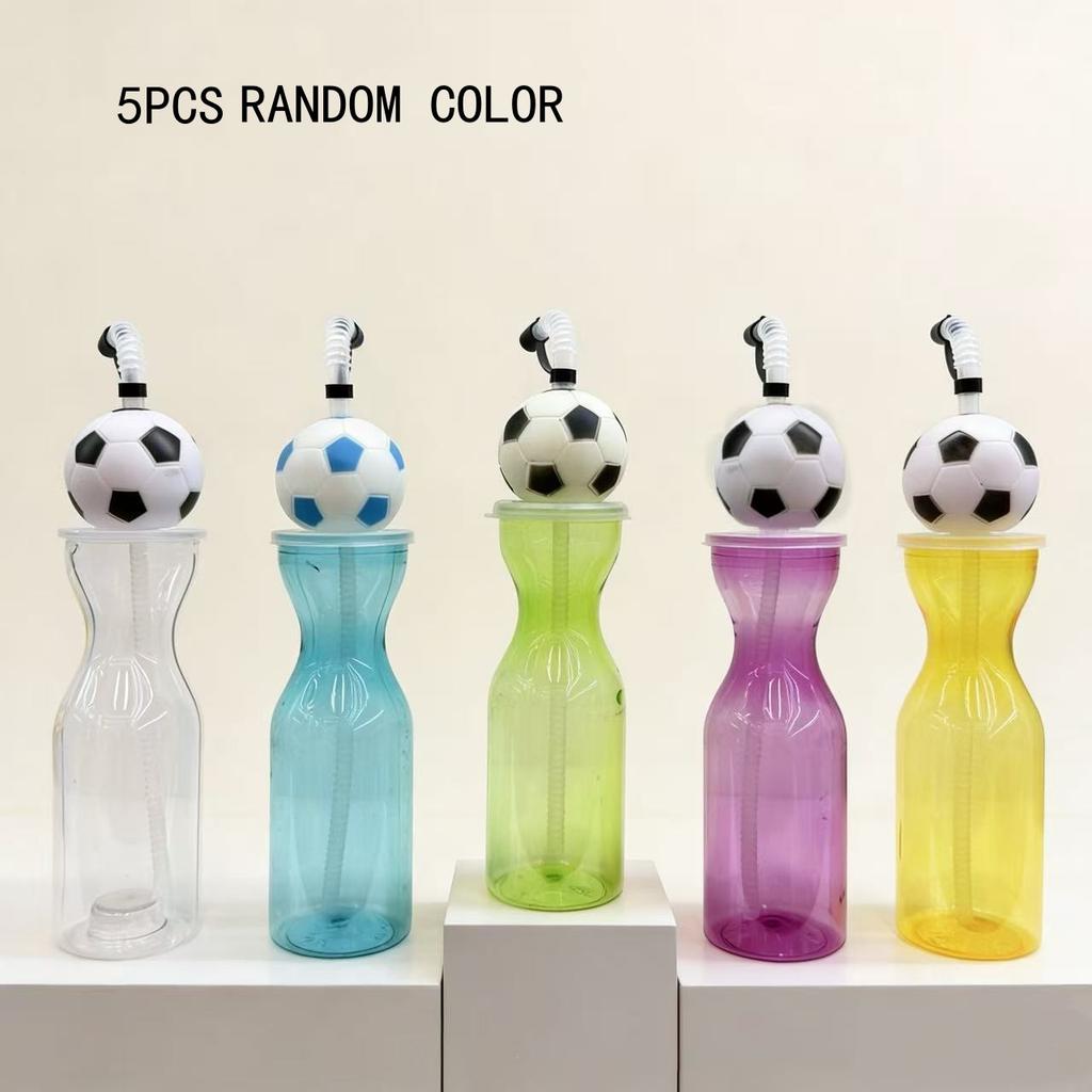 5Pcs Random Color Soccer Ball Water Bottle with Straw Plastic Football Drinking Cup for Kids Sports Party Favors