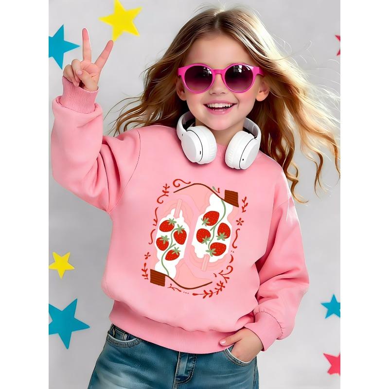 European sizes Cute Strawberry Print Pattern Kids' Lightweight Crew Neck Sweatshirt, Comfortable Outdoor Wear Choice for Children Aged 0-3 Years