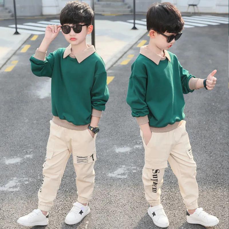 Boys Spring and Autumn Suit Solid Color Printing Splicing Top + Pants Teenage Two-piece Set