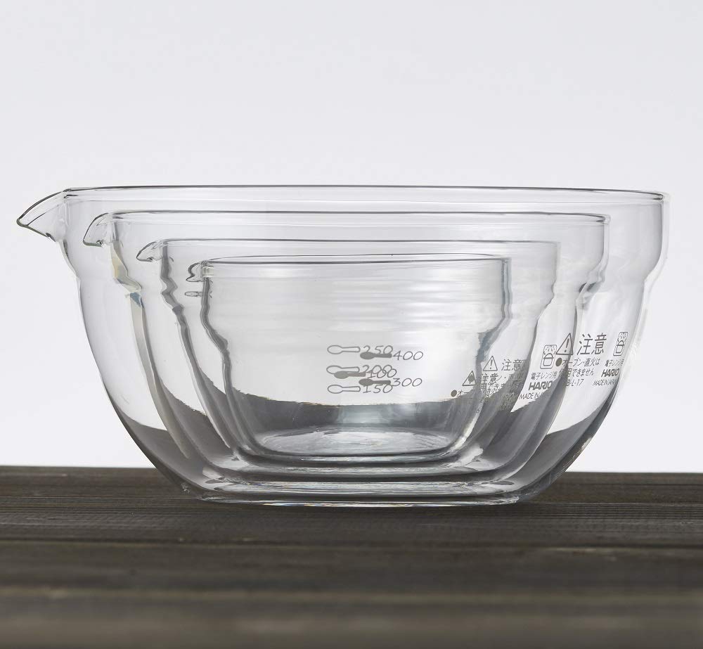HARIO Spouted Set of Made in (Hario) Bowl, Heat-Resistant Glass, 4, Multi-Bowl, Clear, Japan, KB-2518