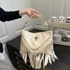 Bohemian Fringe Single Shoulder Bag With Rivets Pu Material For Casual Day Use