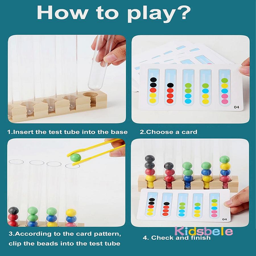 Tube Clamping Ball Toy for Kids Color Sorting & Fine Motor Skills Montessori Style  Wooden Educational Toy with Cards 3-8 Years