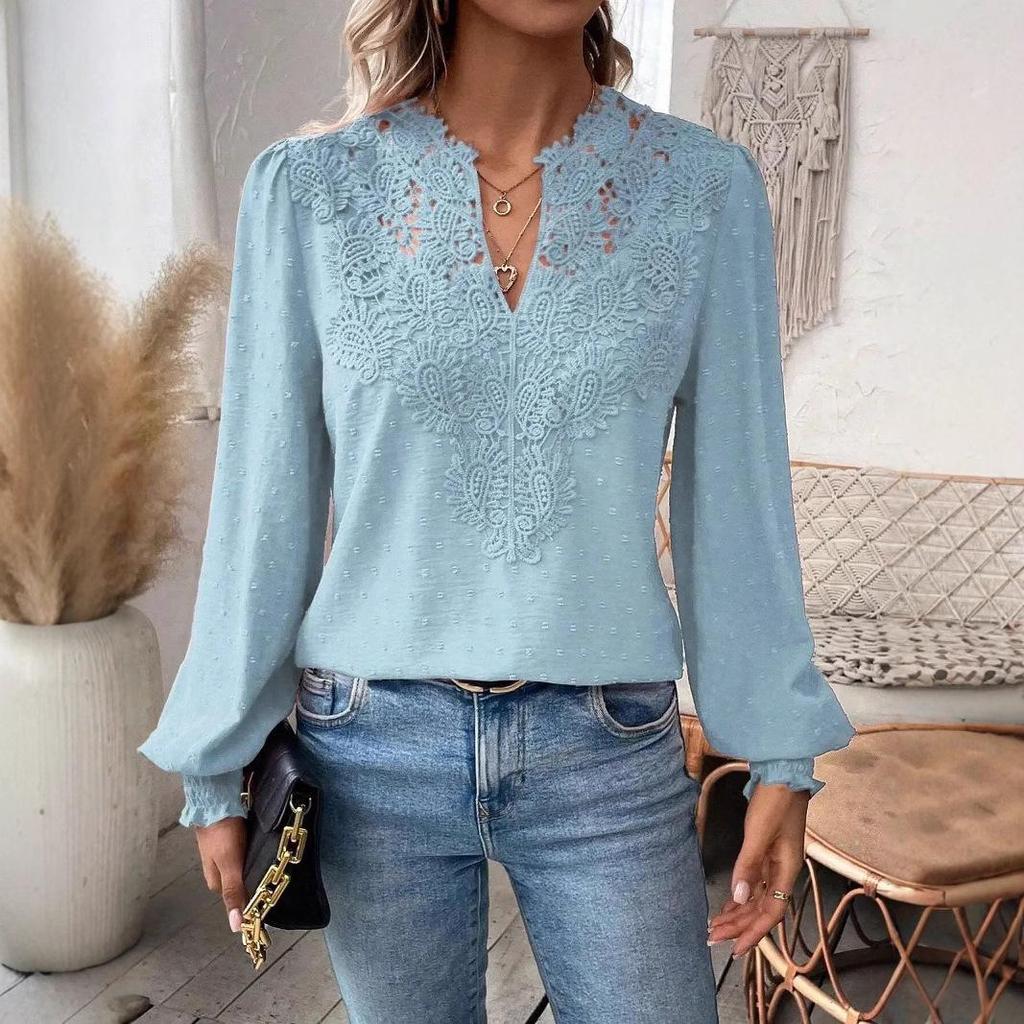 2024 Women's V-Neck Lace Solid Color Long-Sleeve Casual Top for Autumn and Winter.