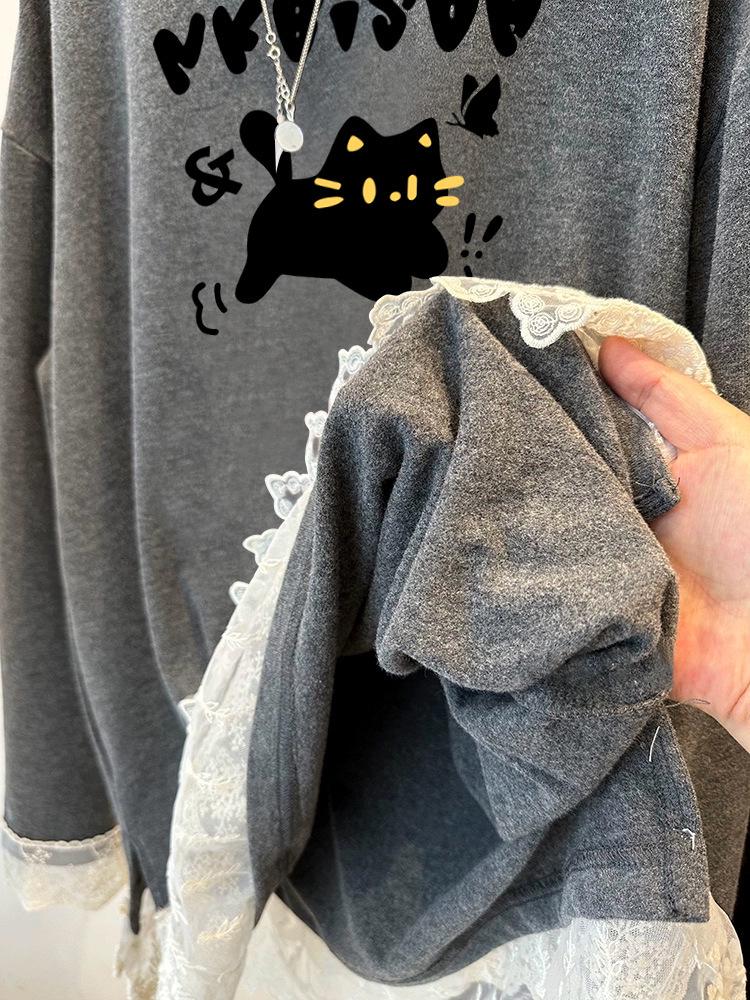 Cross280g Bestselling Plus Size Lace Trim Cartoon Brushed Long Sleeve Women's Loose T-shirt