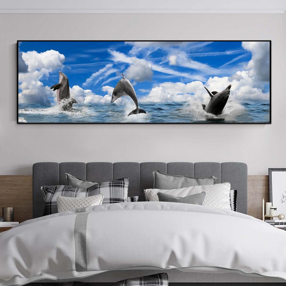 Landscape Ocean Dolphin Blue Sky Clouds Canvas Painting Posters and Prints Wall Art Pictures Living Room Home Decor No Frame