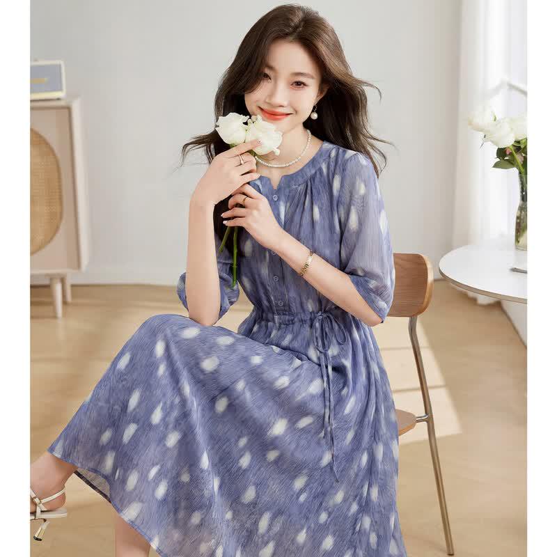 Elegant Floral Print Chiffon Midi Dress L синий
