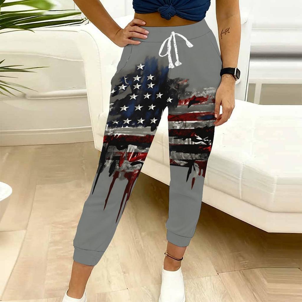 Yazlık Kadın Amerika Birleşik Devletleri Baskılı Eşofman Altı Bol Kesim Büzgü İpli Jogger Pantolon Elastik Bilekli Günlük Rahat Pantolon